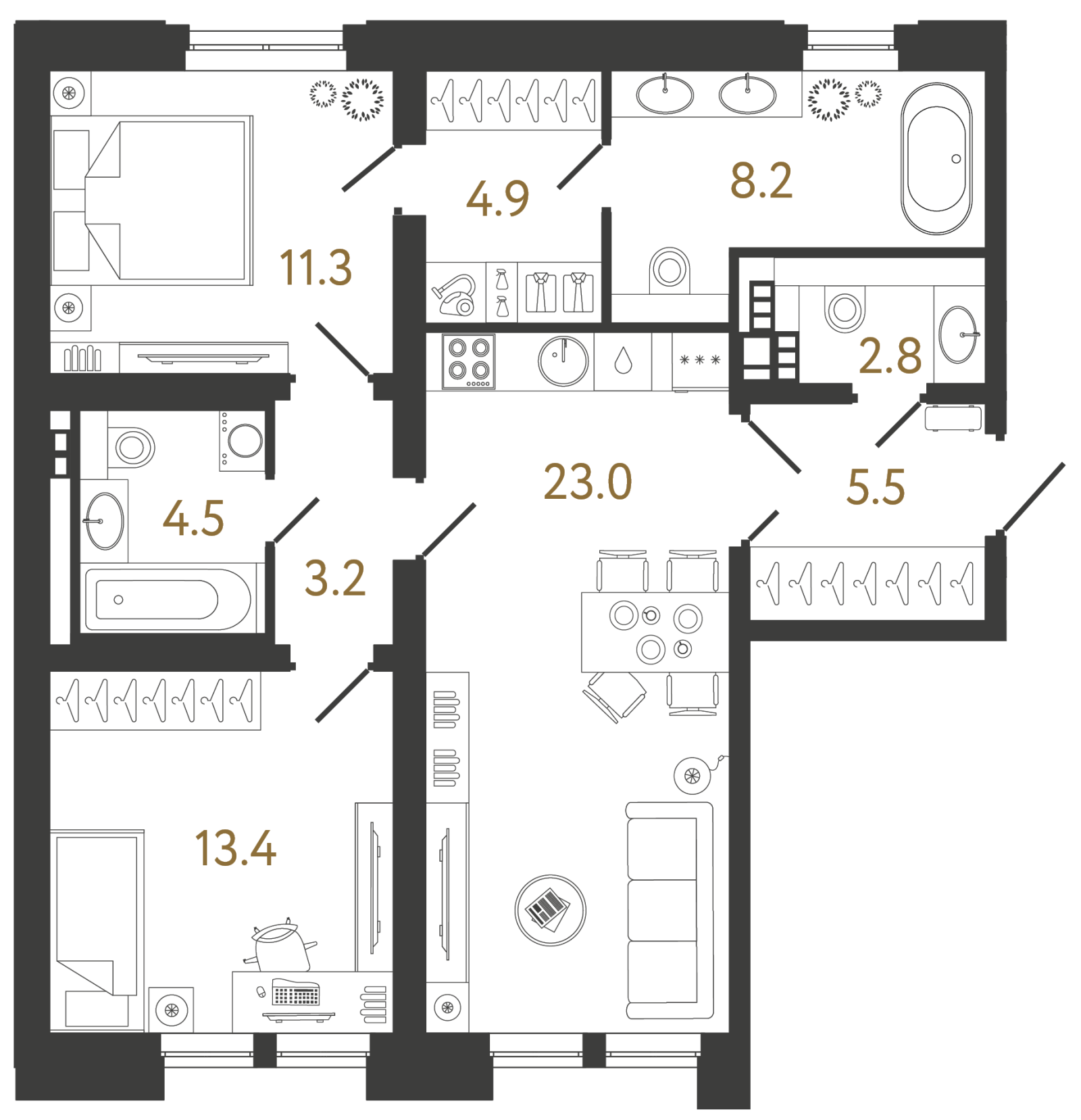 Планировка: 2-комнатная квартира, 76,8 м²