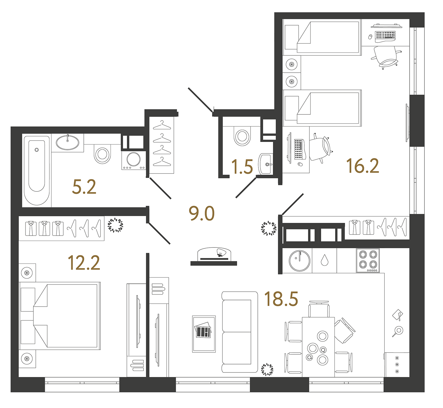 Планировка: 2-комнатная квартира, 62,6 м²