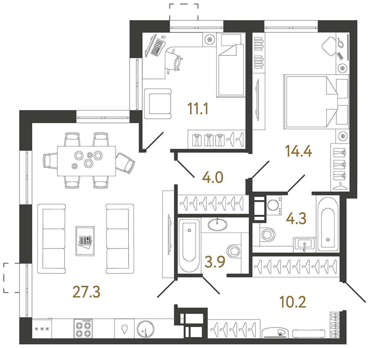 Планировка: 2-комнатная квартира, 75,2 м²