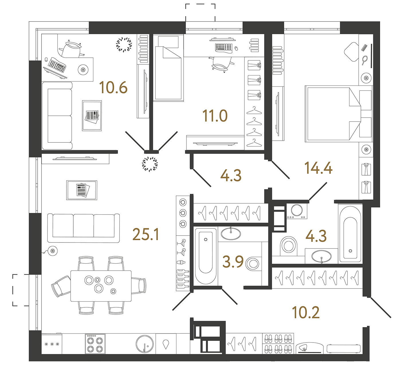 Планировка: 3-комнатная квартира, 83,8 м²