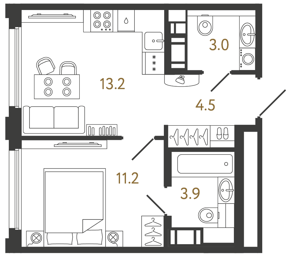 Планировка: 1-комнатная квартира, 35,8 м²