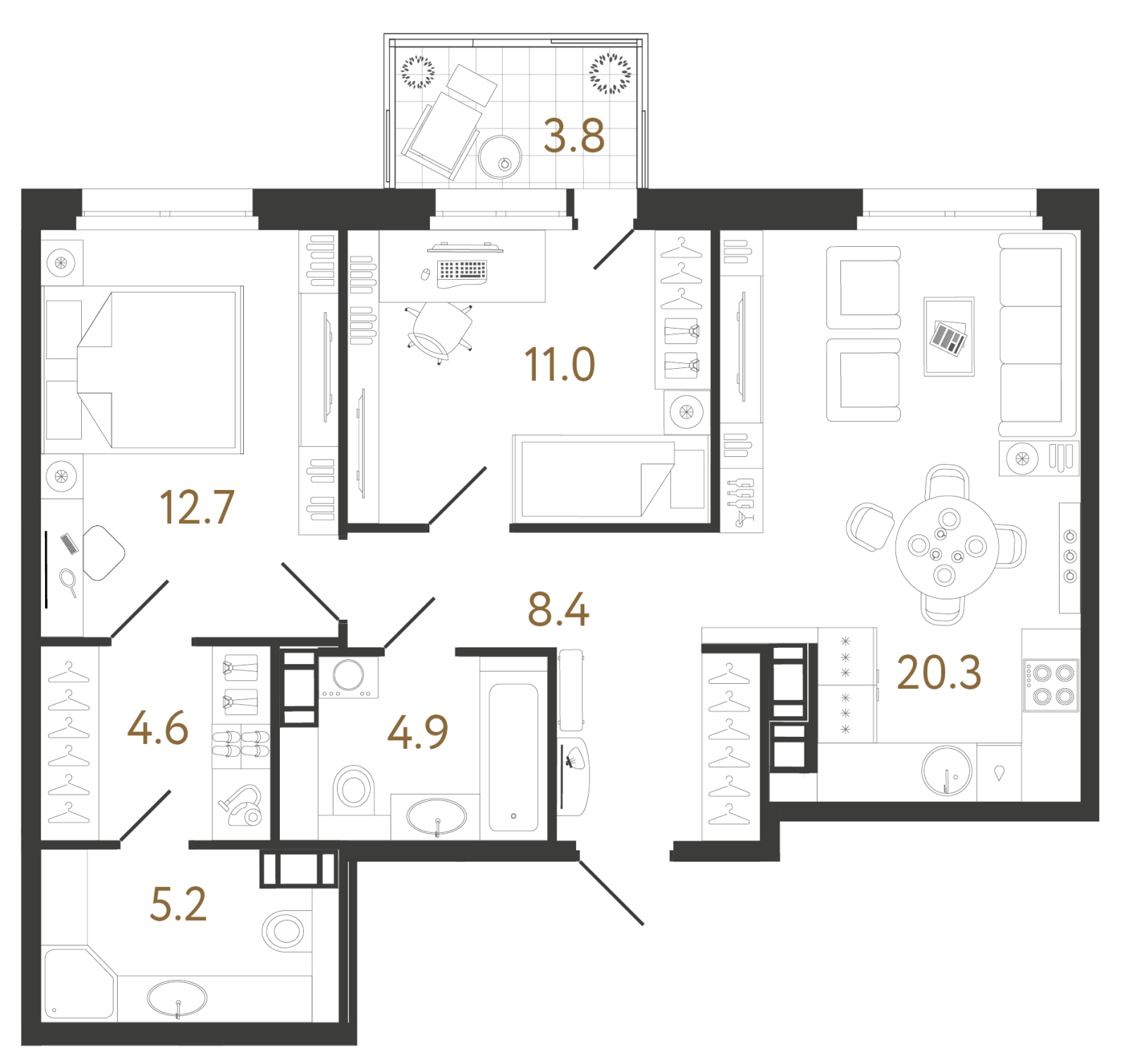 Планировка: 2-комнатная квартира, 67,1 м²