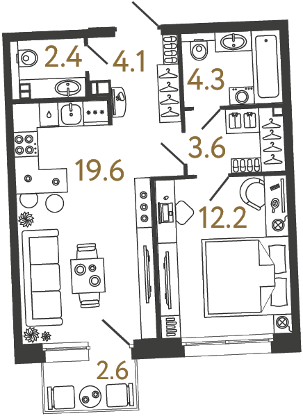 Планировка: 1-комнатная квартира, 46,2 м²