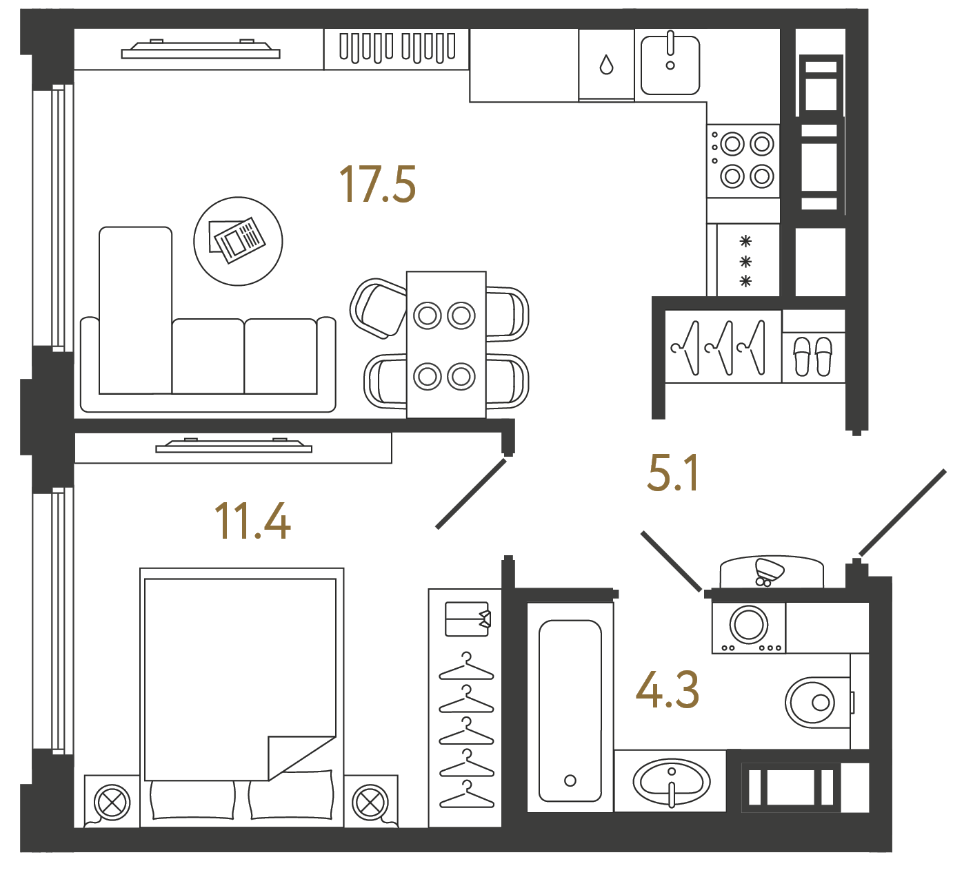 Планировка: 1-комнатная квартира, 38,3 м²