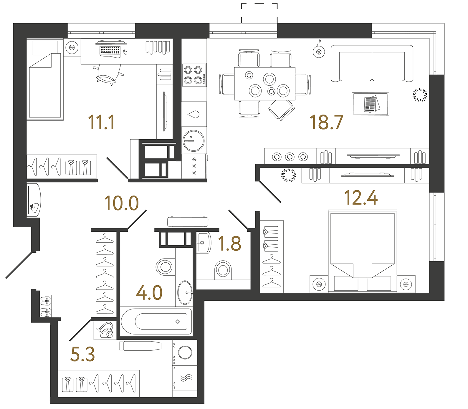 Планировка: 2-комнатная квартира, 63,3 м²