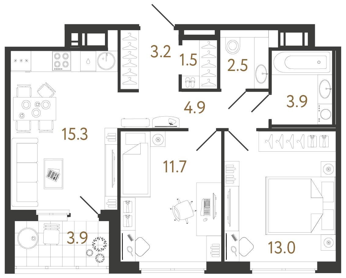 Планировка: 2-комнатная квартира, 56,0 м²