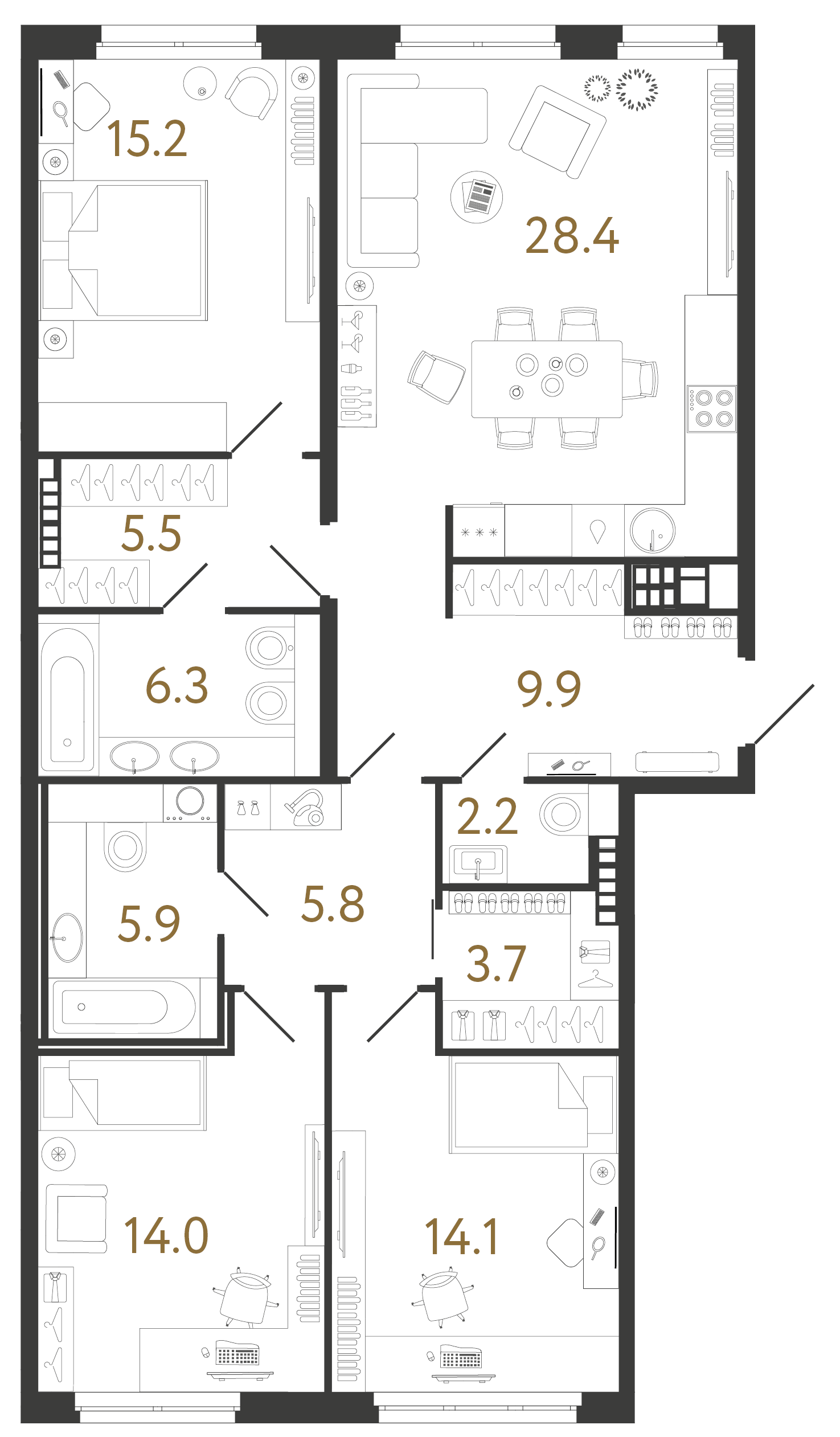 Планировка: 3-комнатная квартира, 111,0 м²
