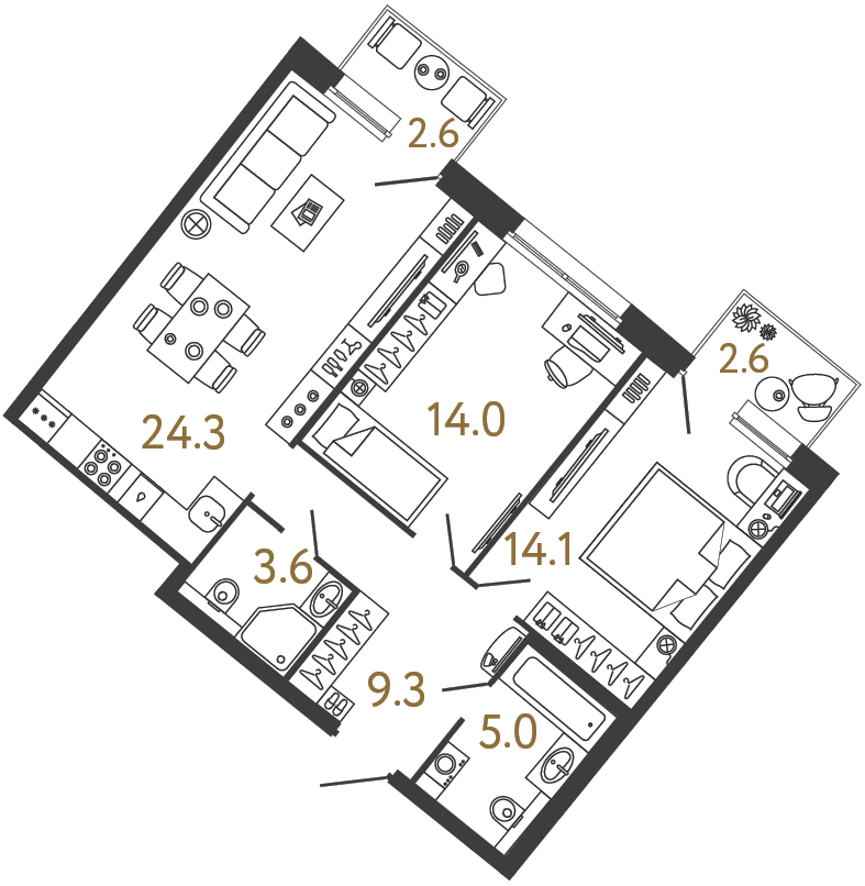 Планировка: 2-комнатная квартира, 70,3 м²