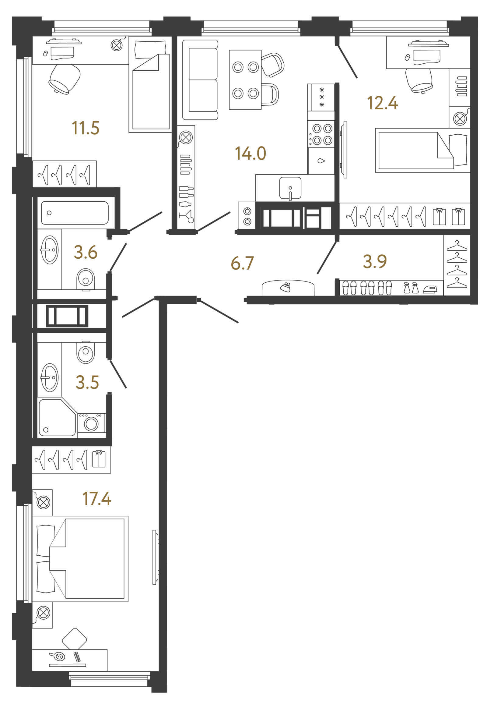 Планировка: 3-комнатная квартира, 73,0 м²
