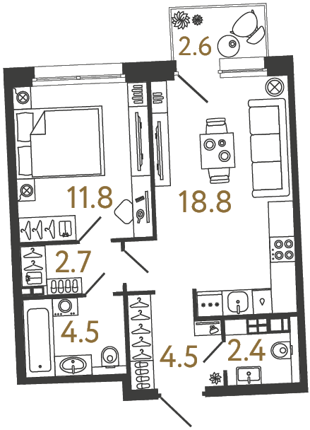 Планировка: 1-комнатная квартира, 44,7 м²