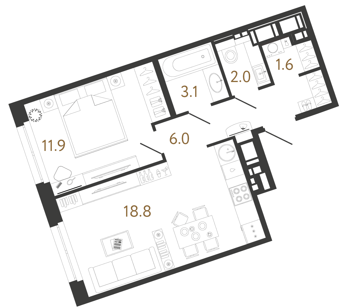 Планировка: 1-комнатная квартира, 43,4 м²