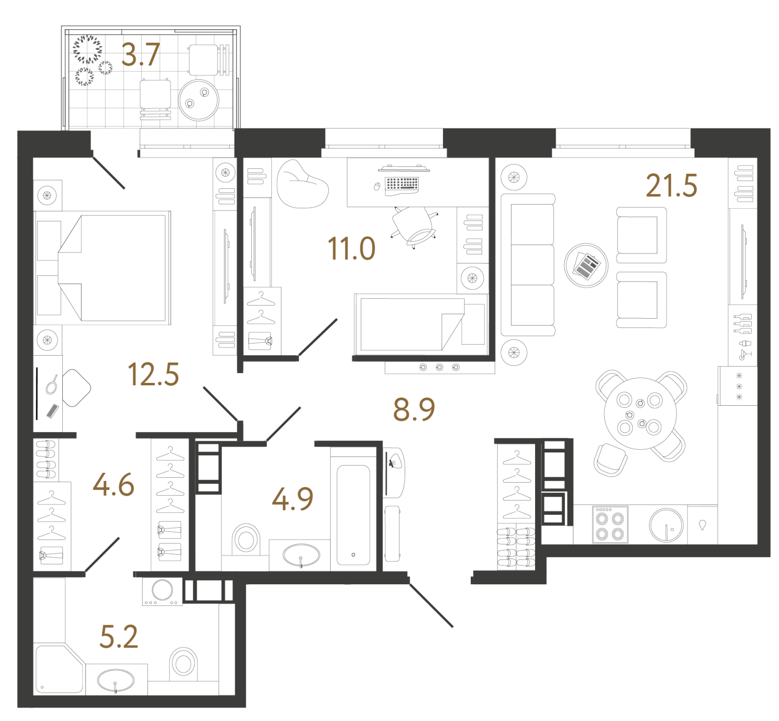 Планировка: 2-комнатная квартира, 68,6 м²