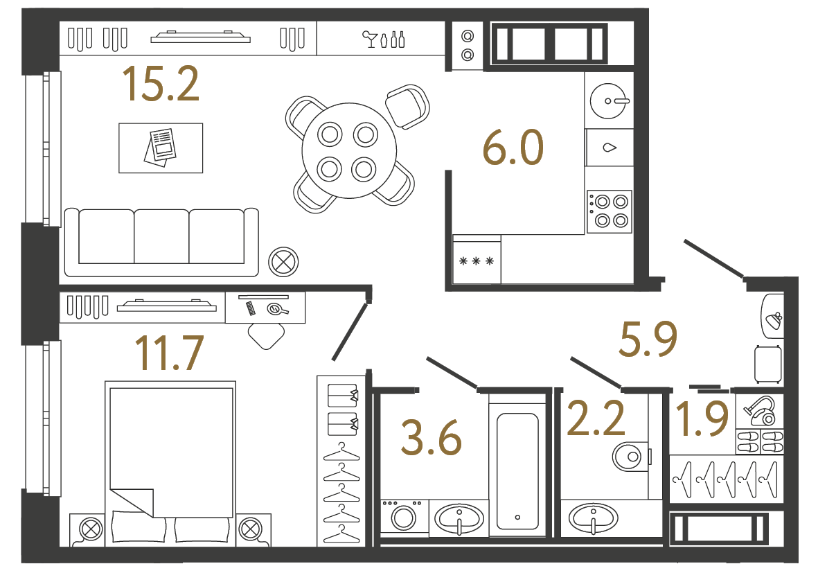 Планировка: 1-комнатная квартира, 46,5 м²