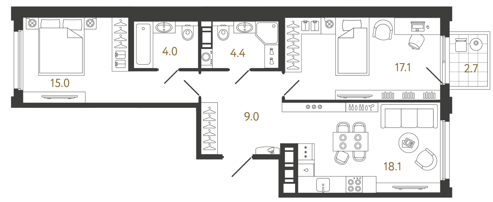 Планировка: 2-комнатная квартира, 67,6 м²