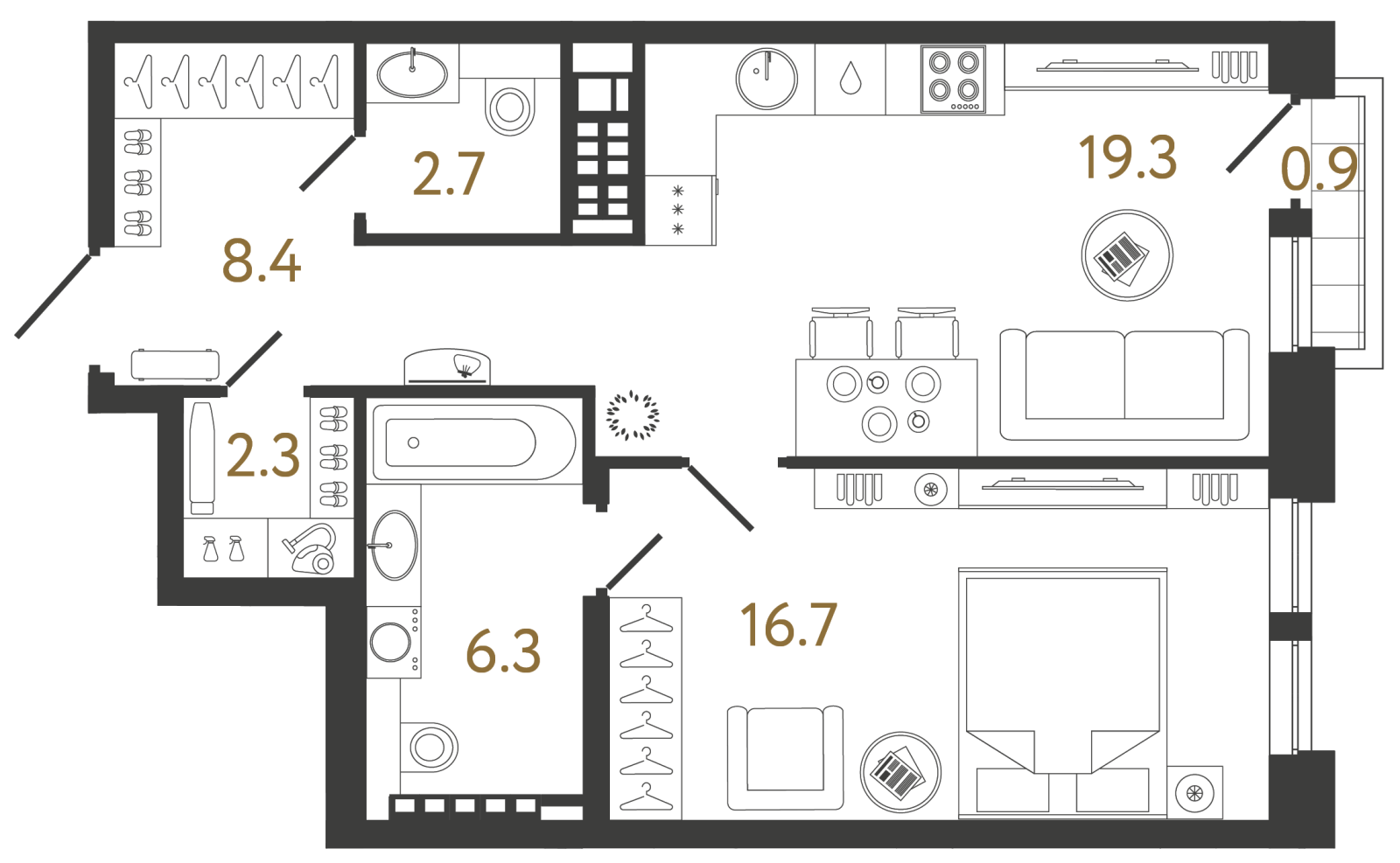 Планировка: 1-комнатная квартира, 55,7 м²