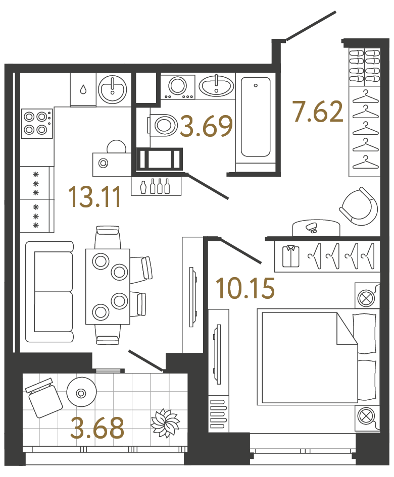 Планировка: 1-комнатная квартира, 34,6 м²