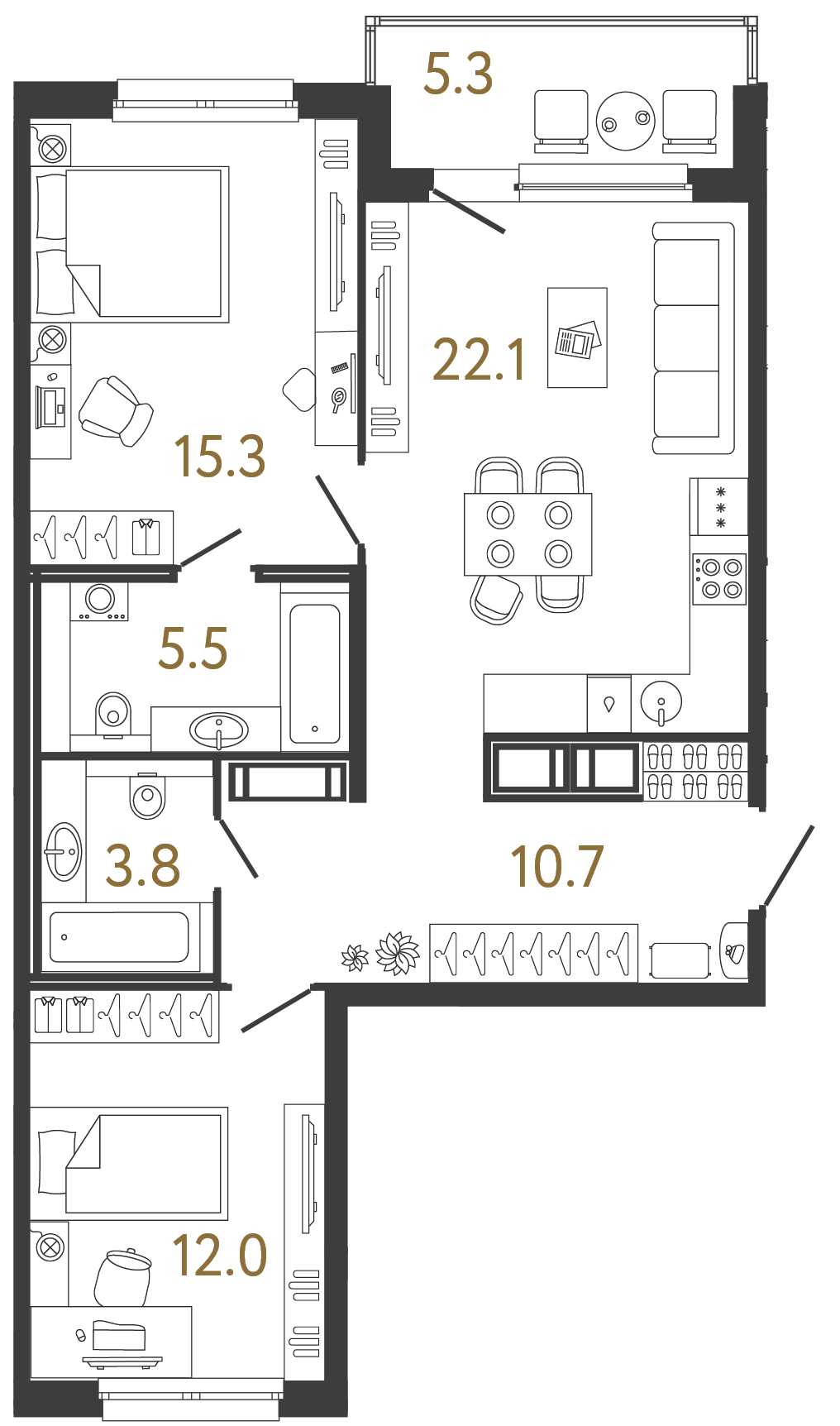Планировка: 2-комнатная квартира, 69,4 м²