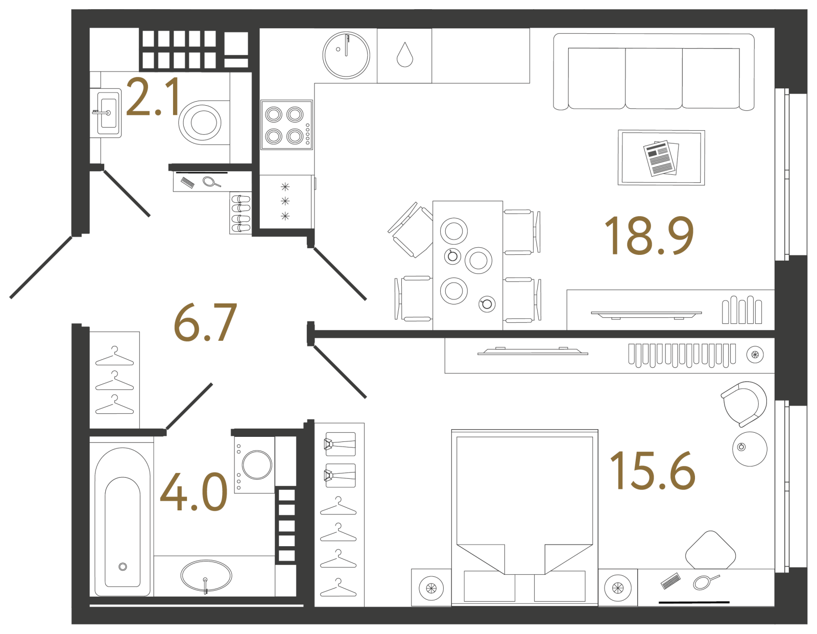 Планировка: 1-комнатная квартира, 47,3 м²