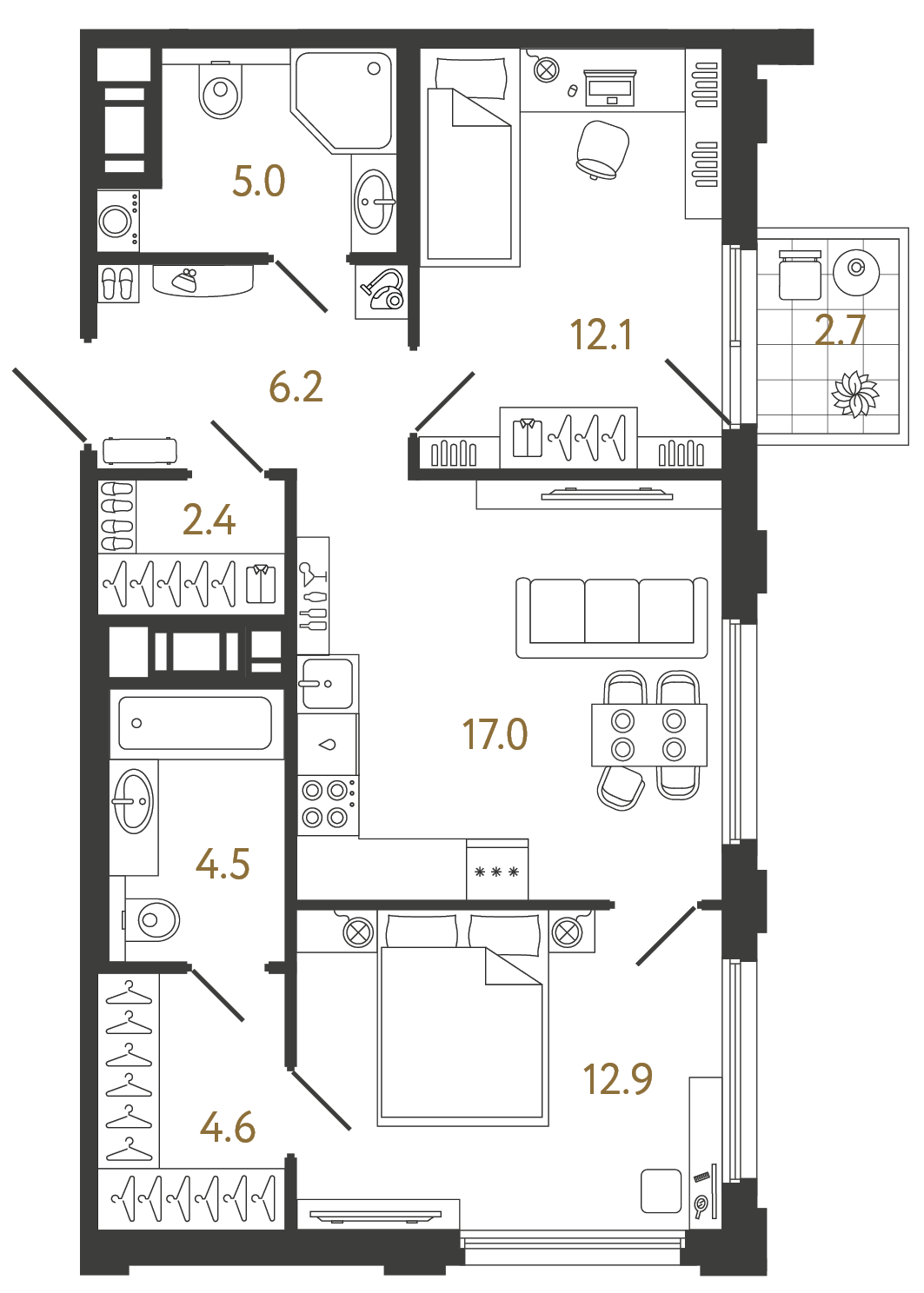 Планировка: 2-комнатная квартира, 64,7 м²