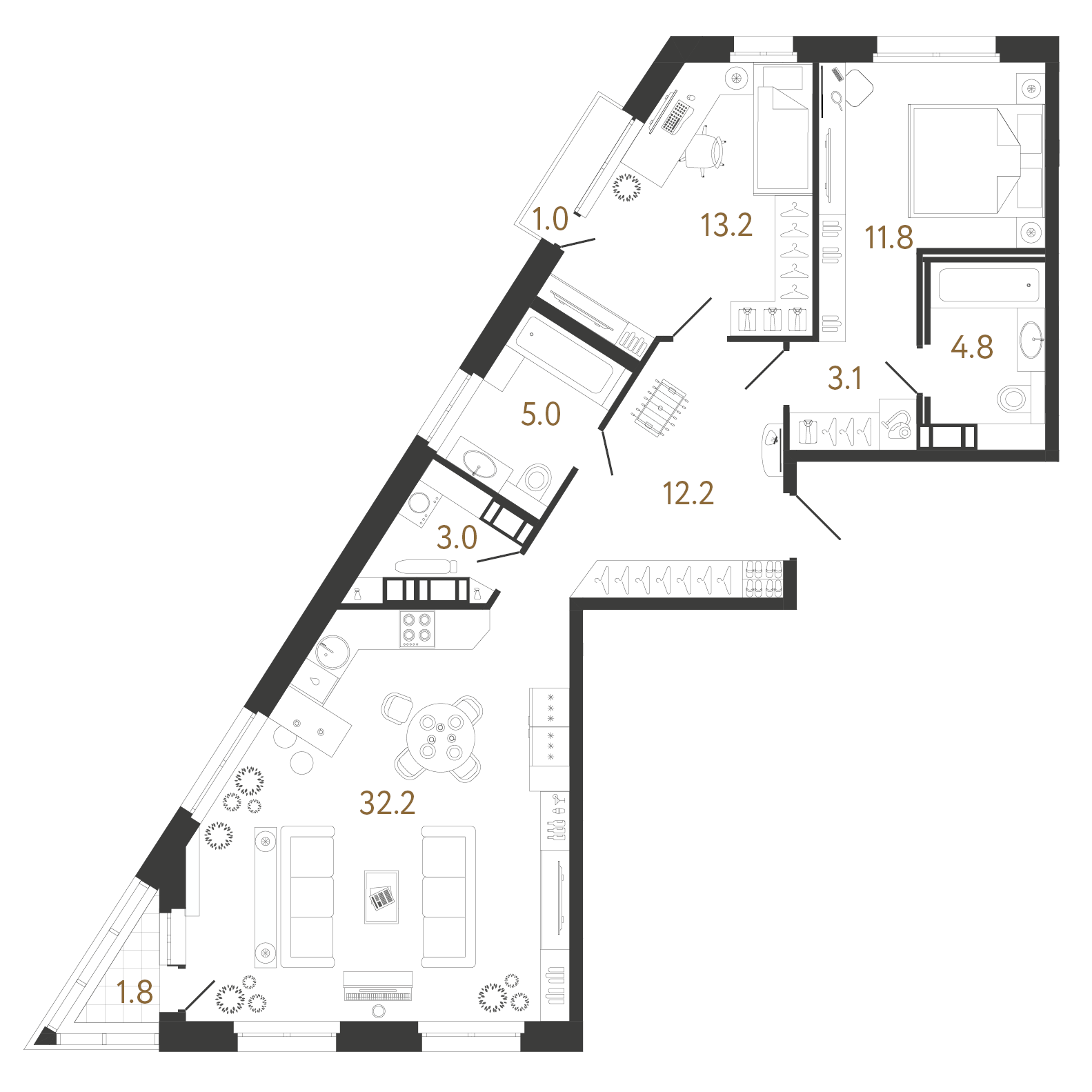 Планировка: 2-комнатная квартира, 85,3 м²