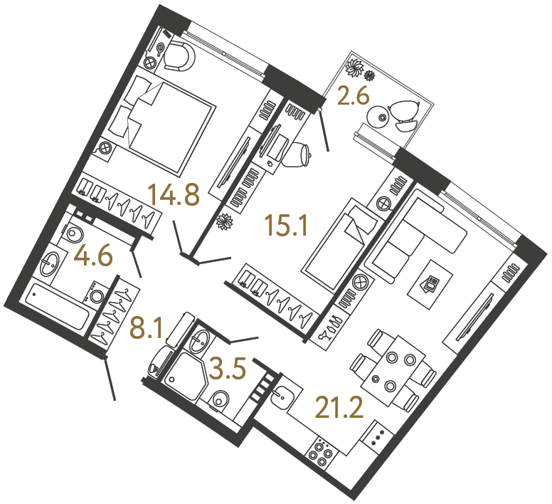 Планировка: 2-комнатная квартира, 67,3 м²