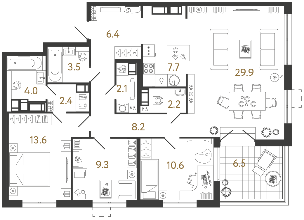 Планировка: 3-комнатная квартира, 99,9 м²