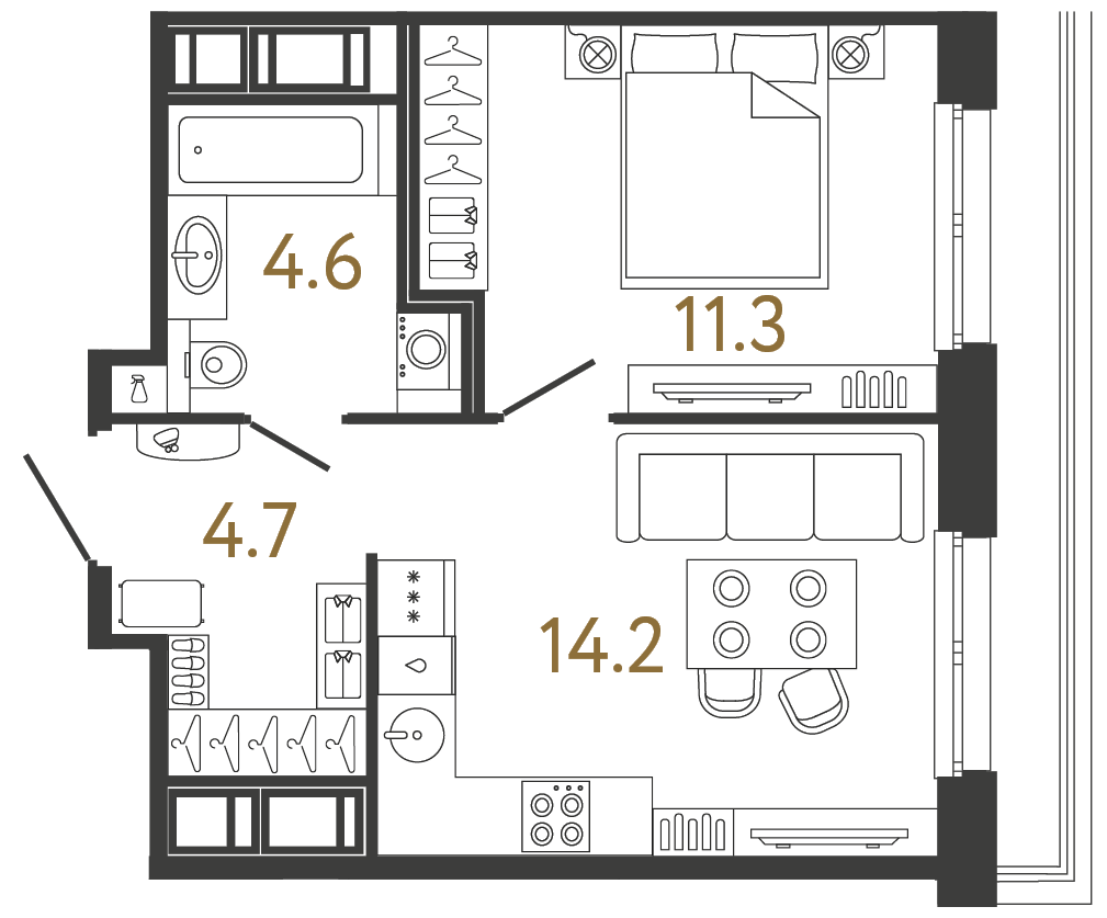 Планировка: 1-комнатная квартира, 34,8 м²