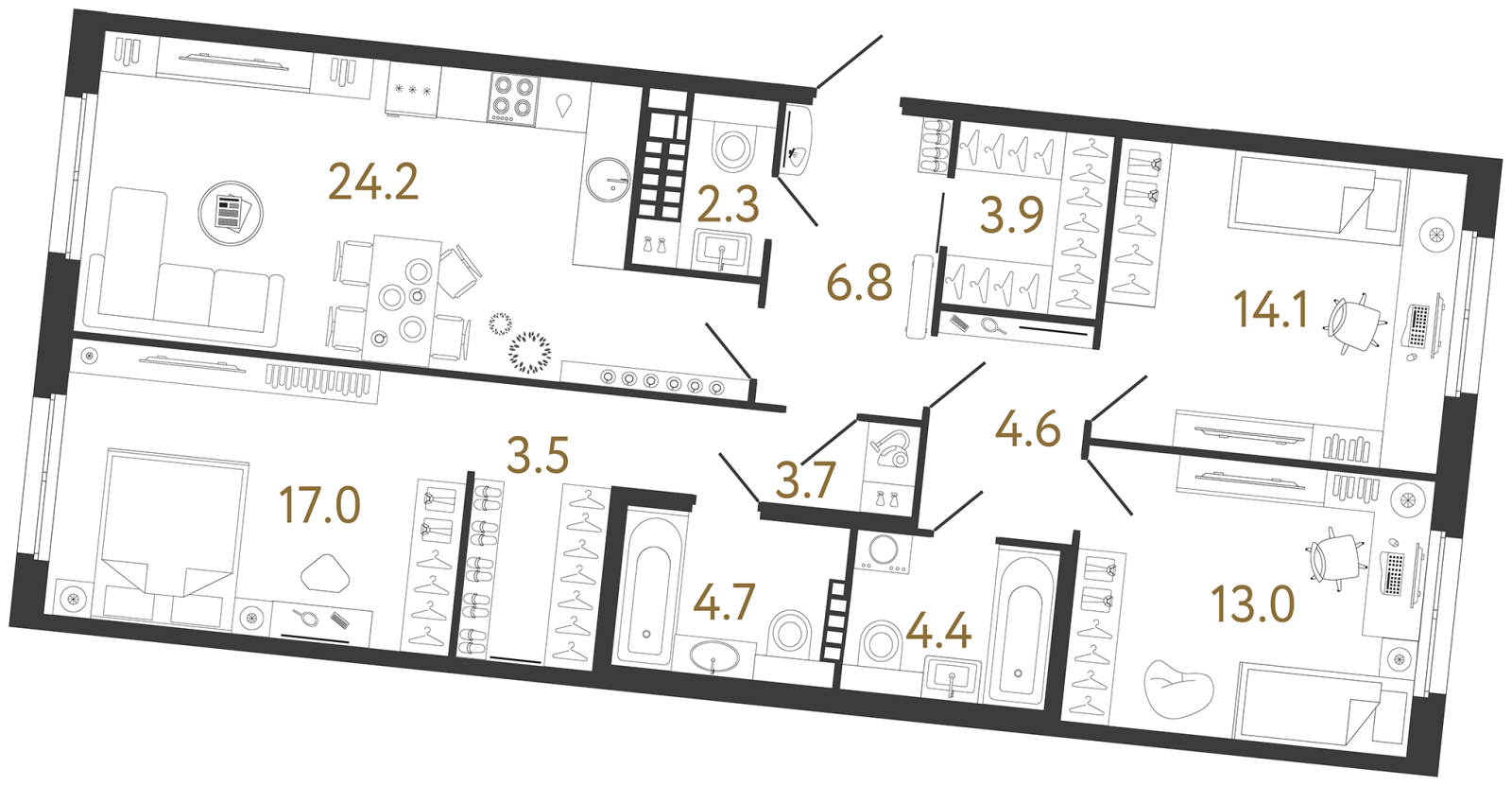 Планировка: 3-комнатная квартира, 102,2 м²