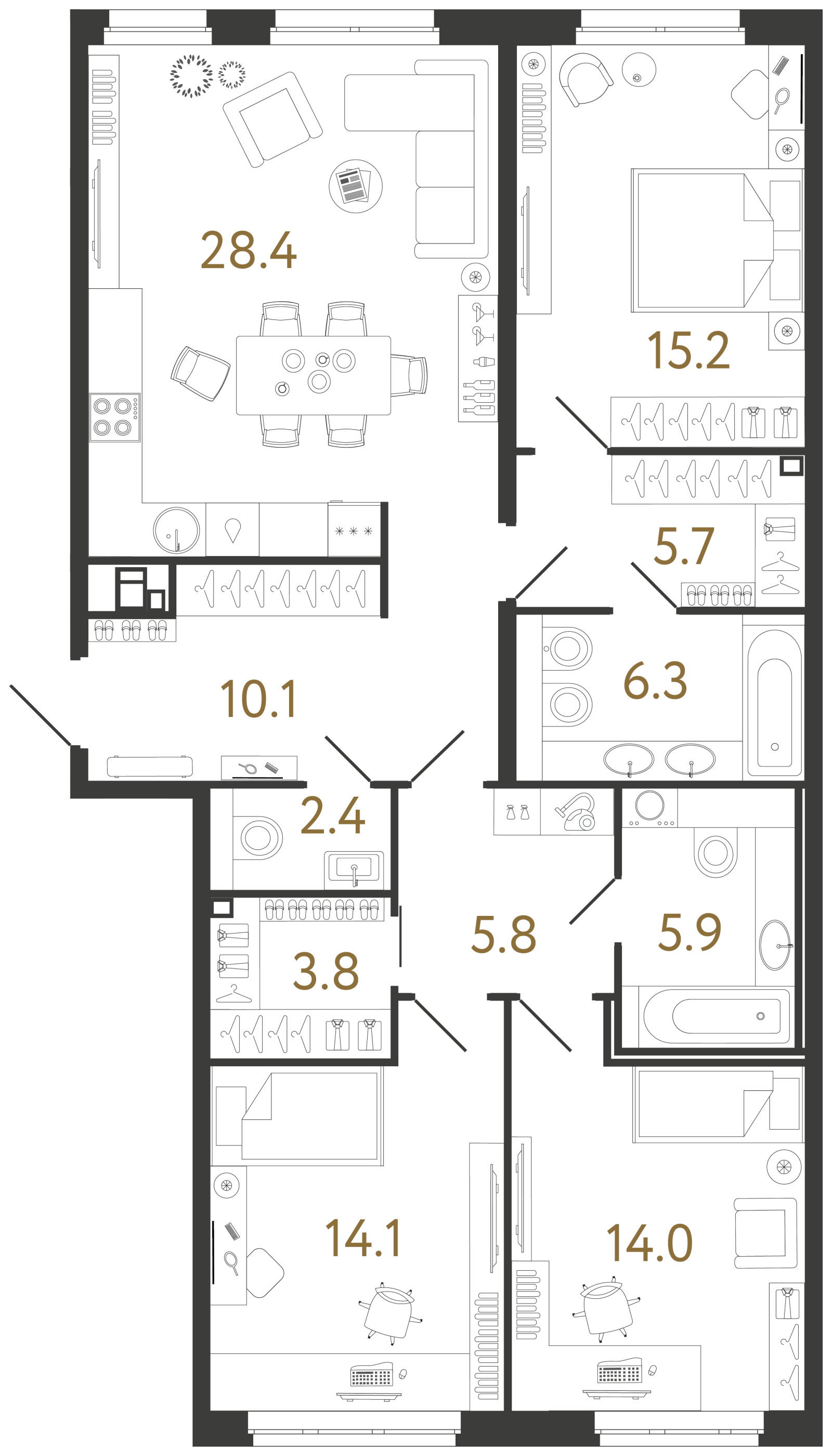 Планировка: 3-комнатная квартира, 111,7 м²