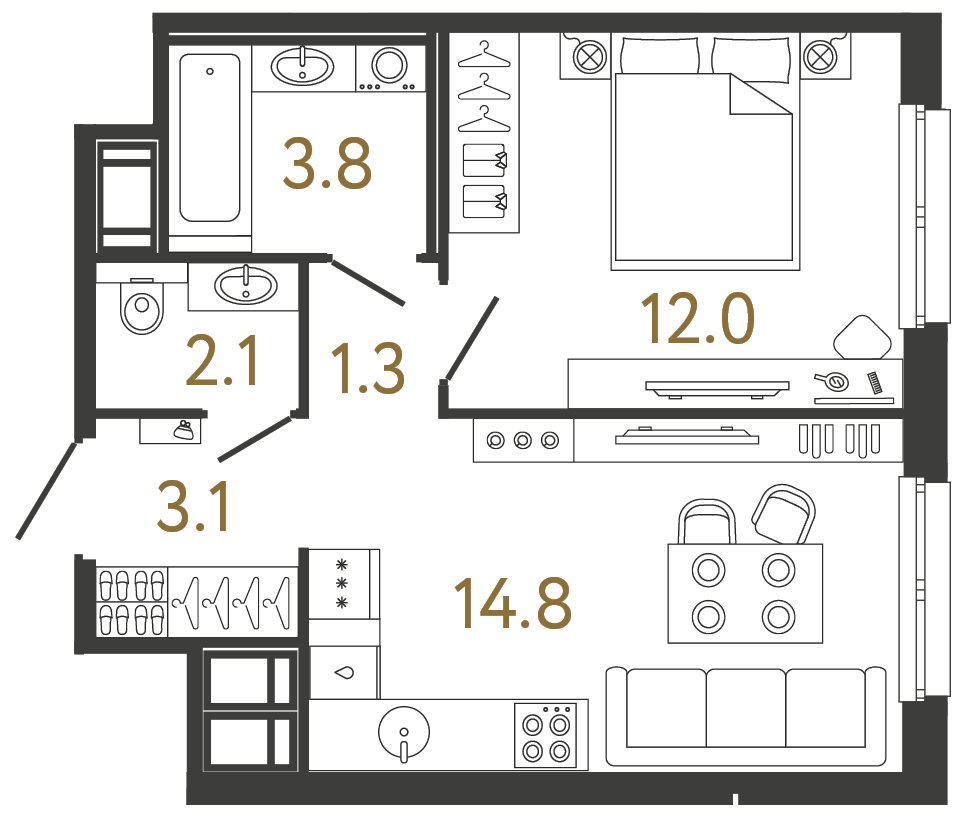 Планировка: 1-комнатная квартира, 37,1 м²
