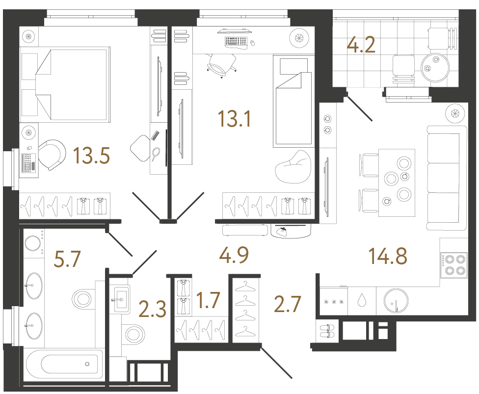 Планировка: 2-комнатная квартира, 58,7 м²