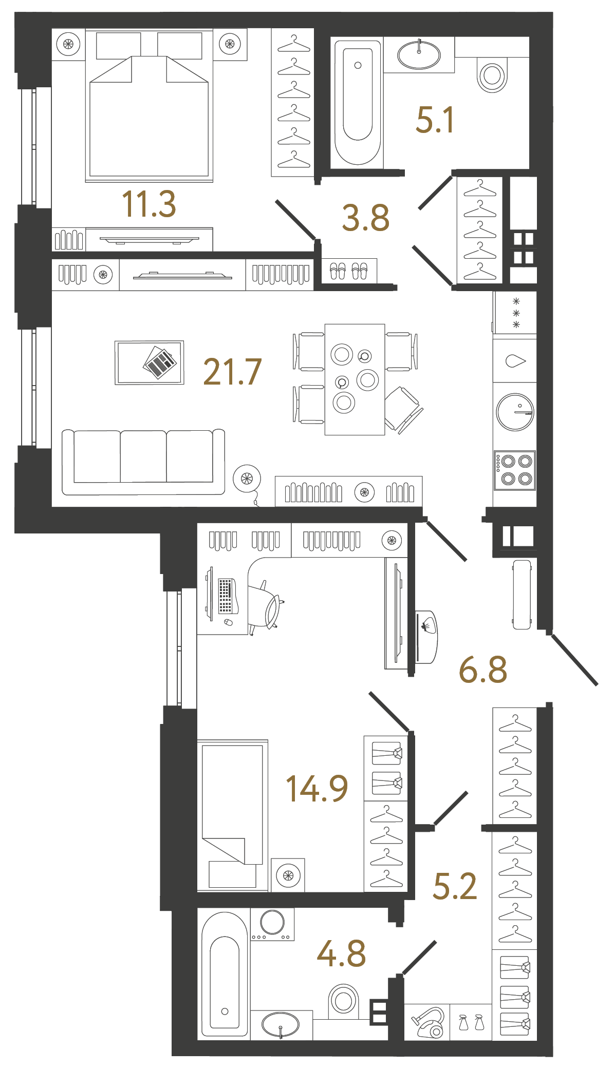 Планировка: 2-комнатная квартира, 73,6 м²