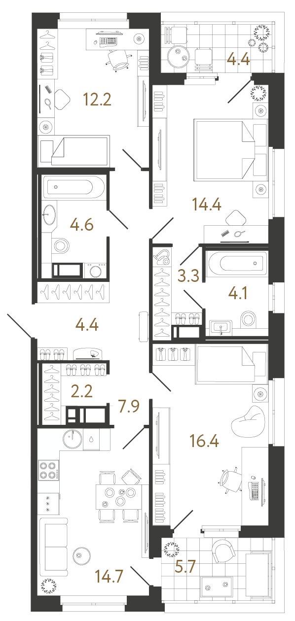 Планировка: 3-комнатная квартира, 84,2 м²