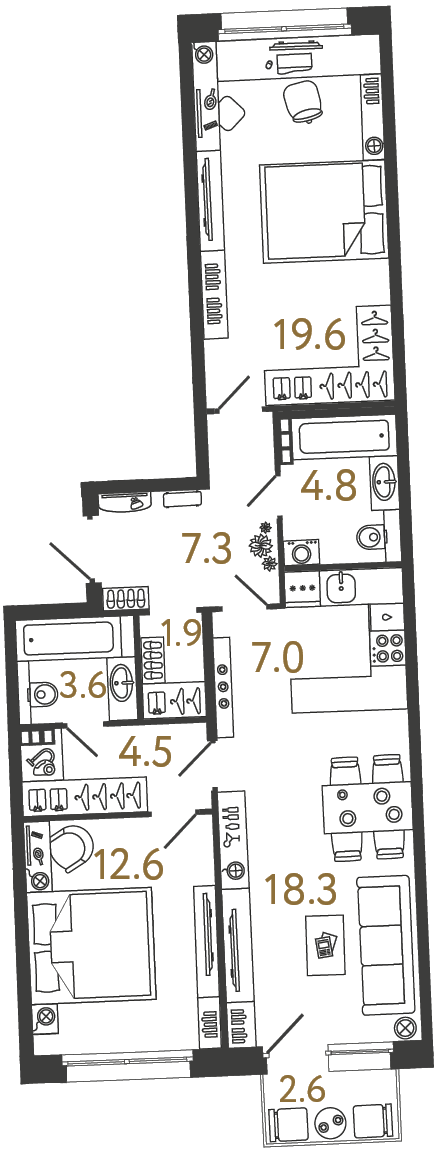 Планировка: 2-комнатная квартира, 79,6 м²