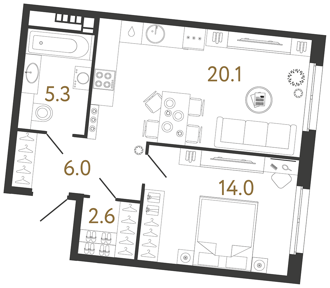 Планировка: 1-комнатная квартира, 48,0 м²