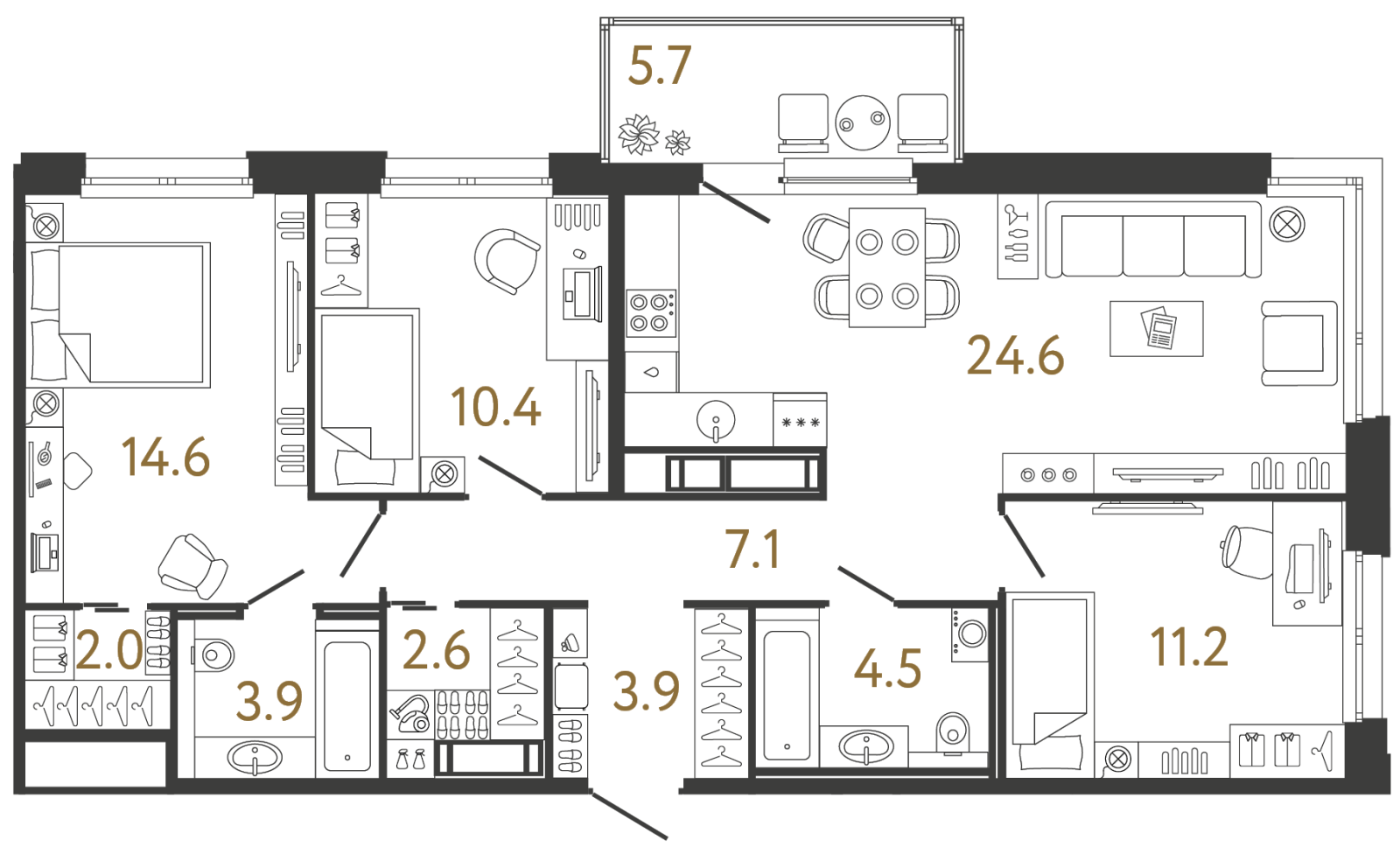 Планировка: 3-комнатная квартира, 84,8 м²