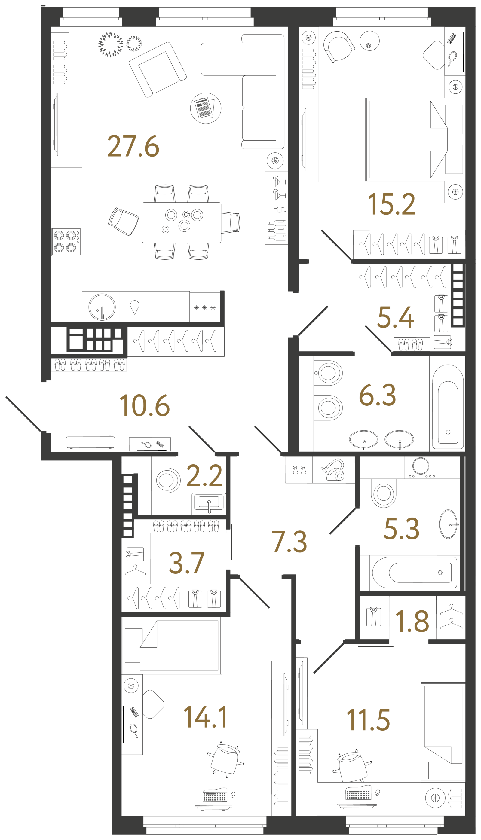 Планировка: 3-комнатная квартира, 111,0 м²