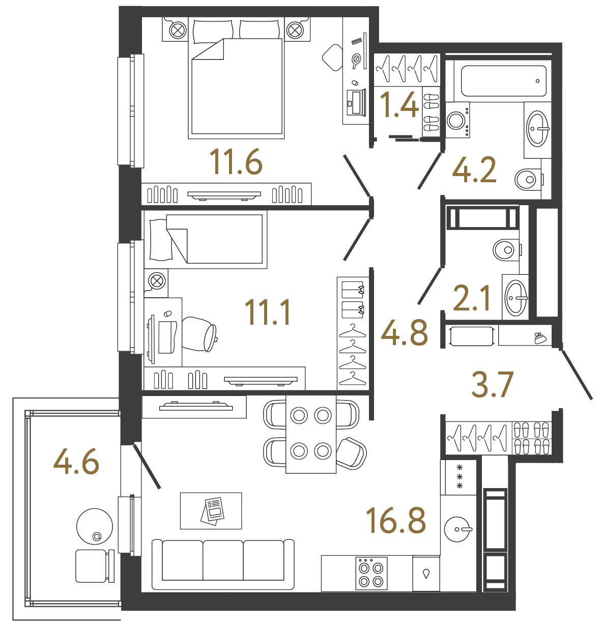 Планировка: 2-комнатная квартира, 55,7 м²