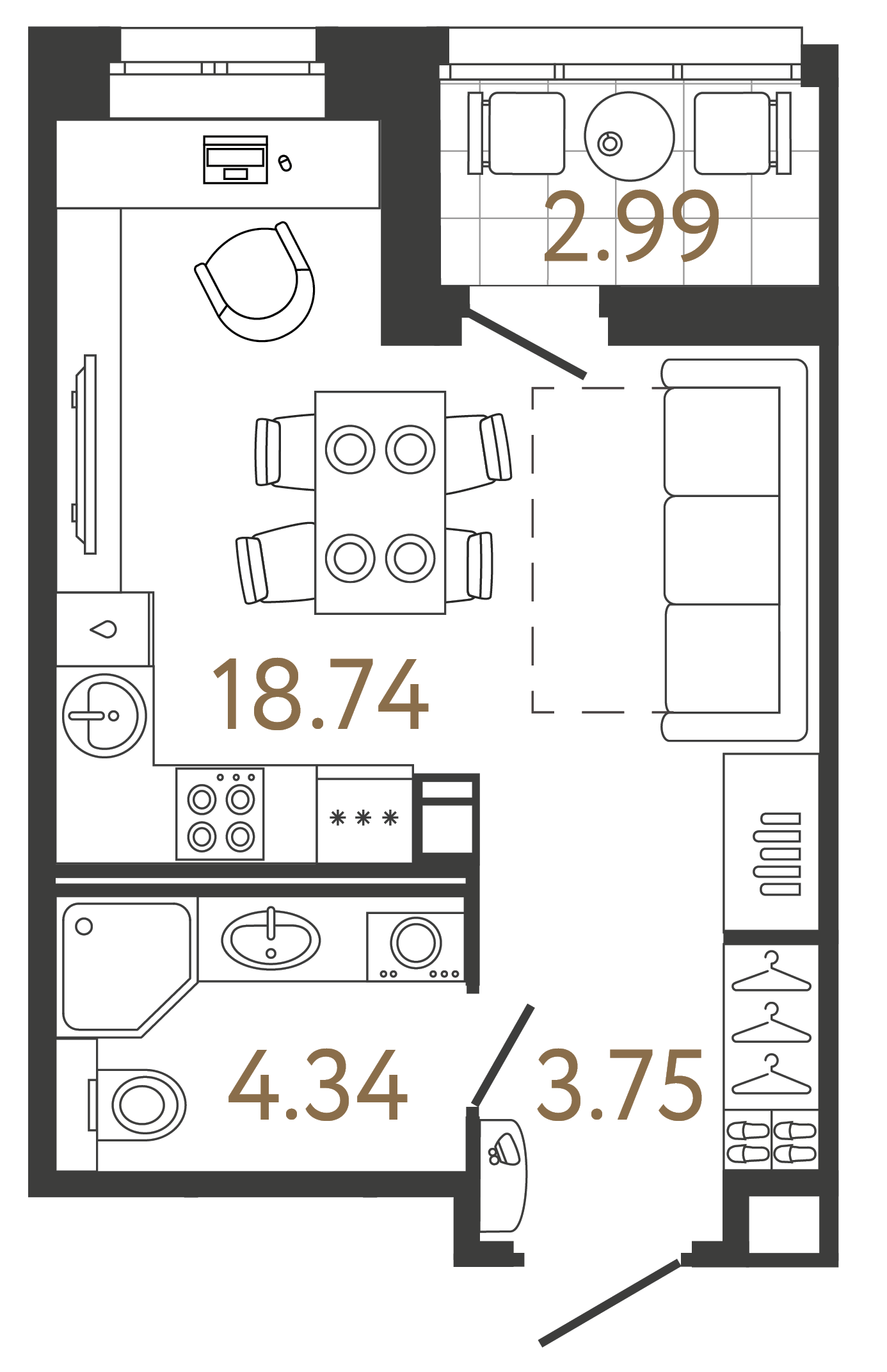 Планировка: студия, 26,8 м²