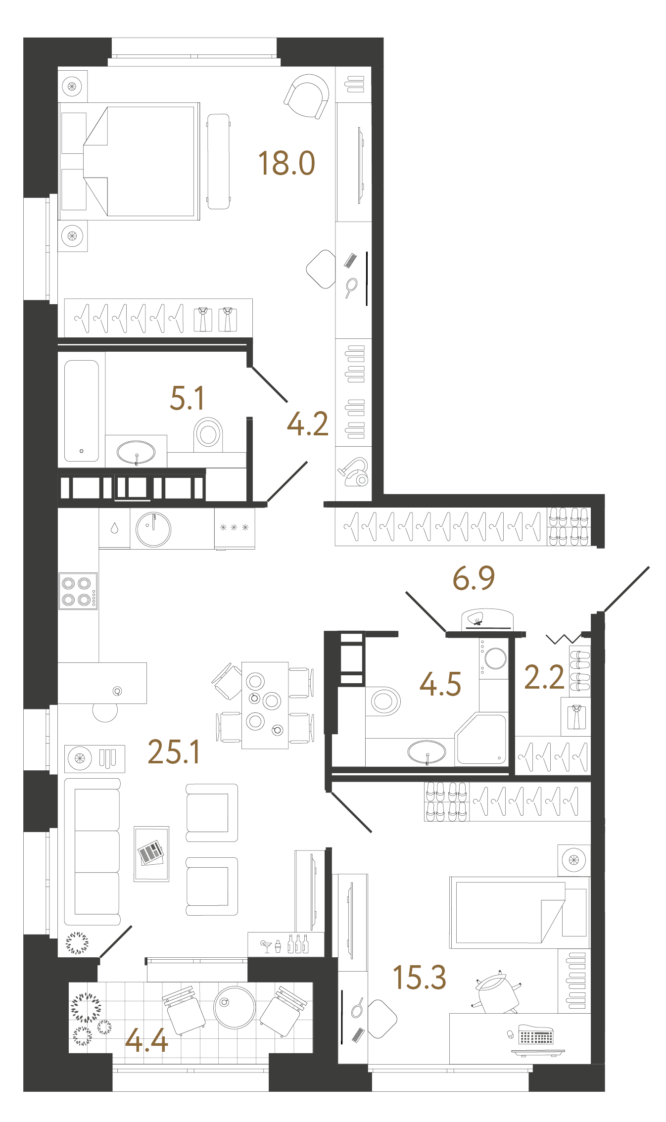 Планировка: 2-комнатная квартира, 81,3 м²