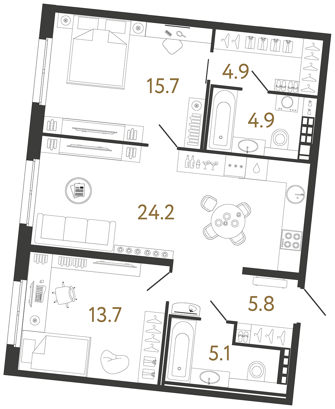 Планировка: 2-комнатная квартира, 74,3 м²