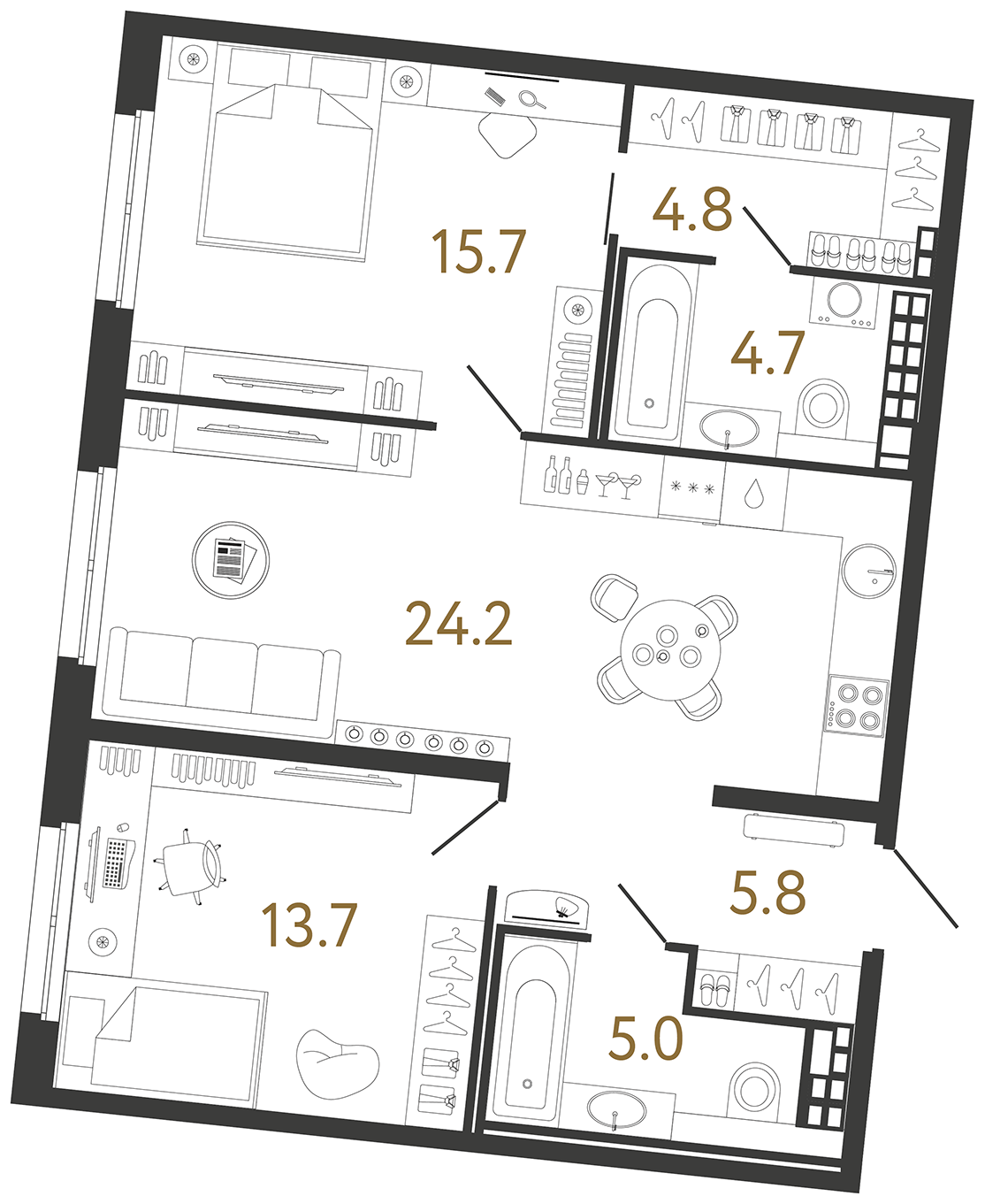Планировка: 2-комнатная квартира, 73,9 м²