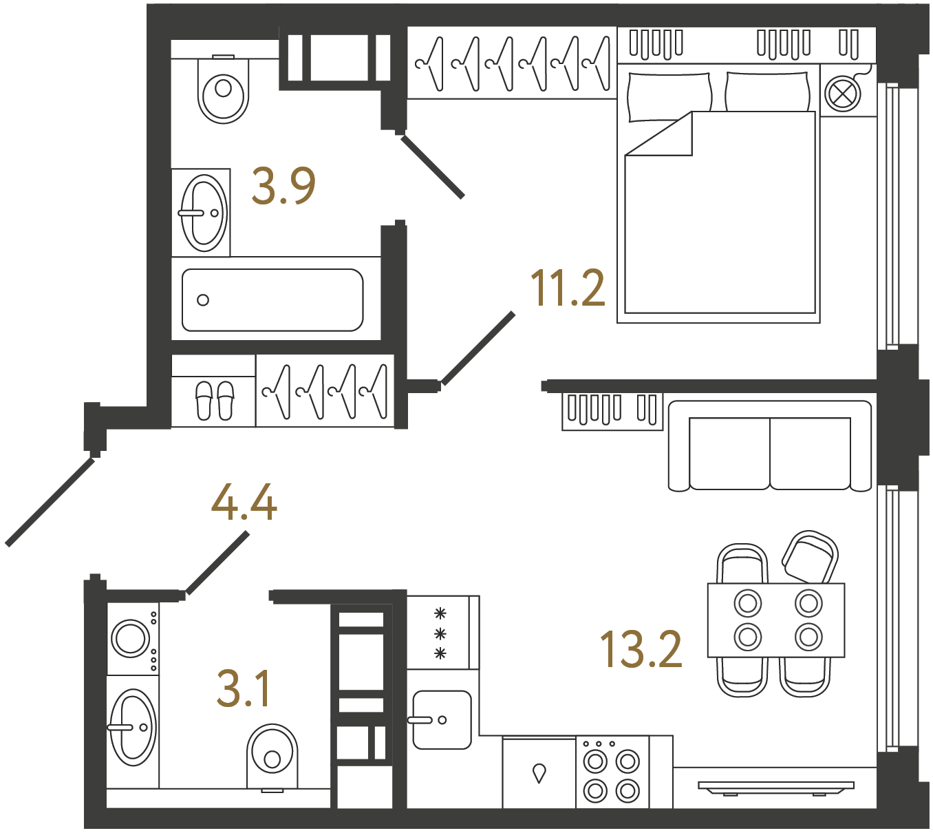 Планировка: 1-комнатная квартира, 35,8 м²