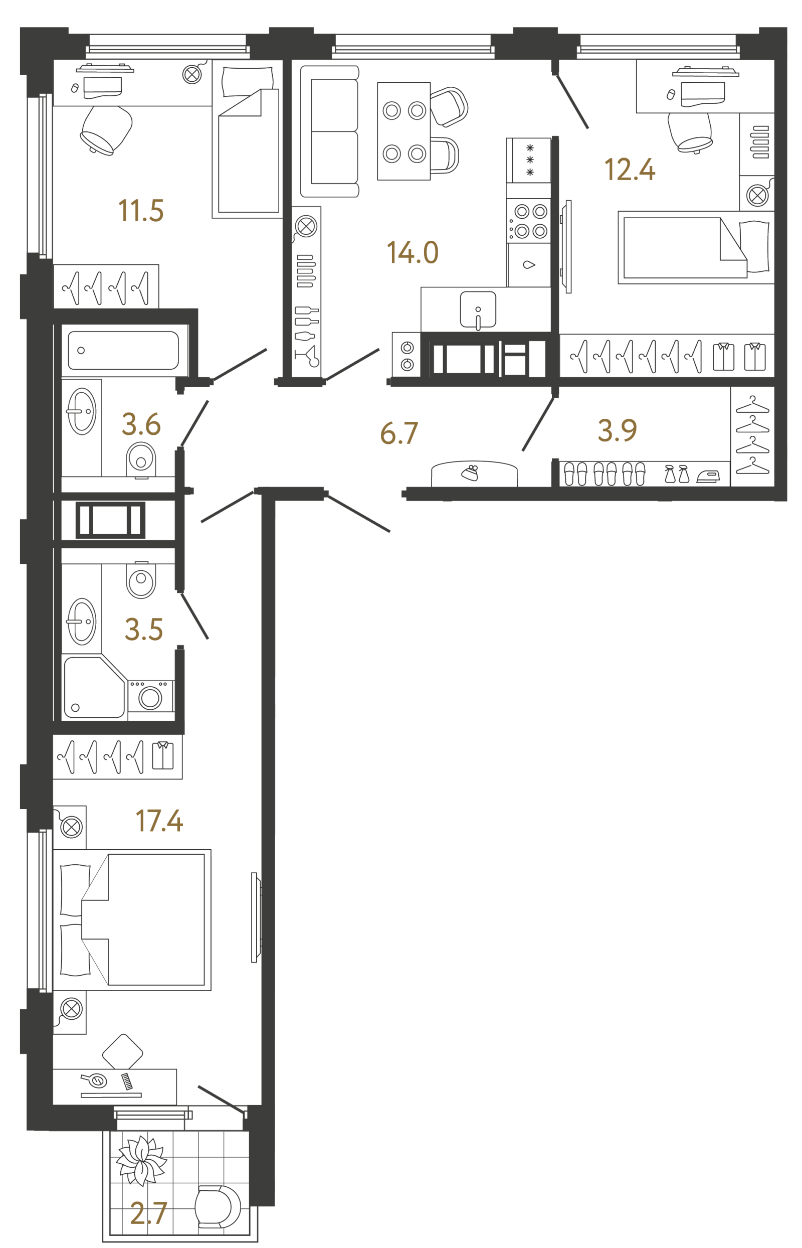 Планировка: 3-комнатная квартира, 73,0 м²