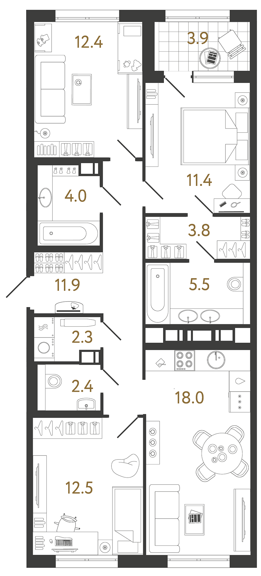 Планировка: 3-комнатная квартира, 84,2 м²