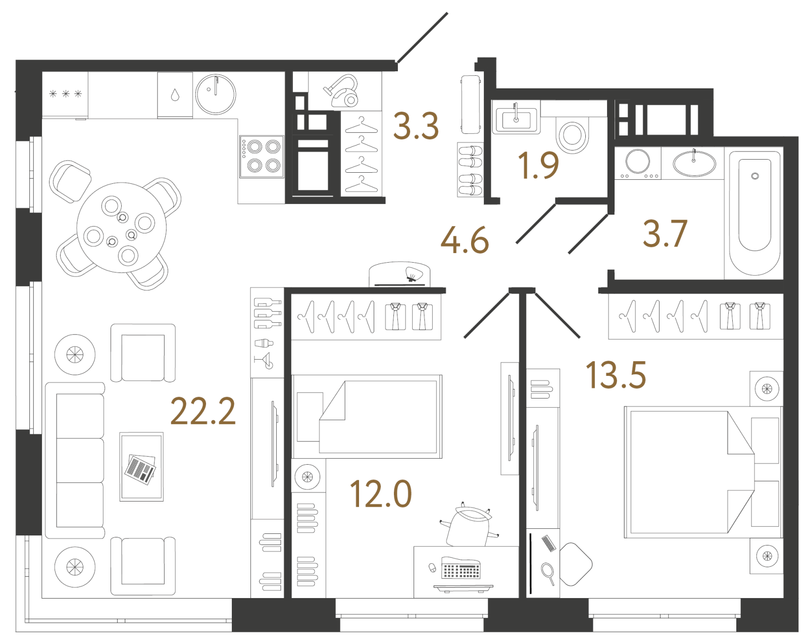 Планировка: 2-комнатная квартира, 61,2 м²