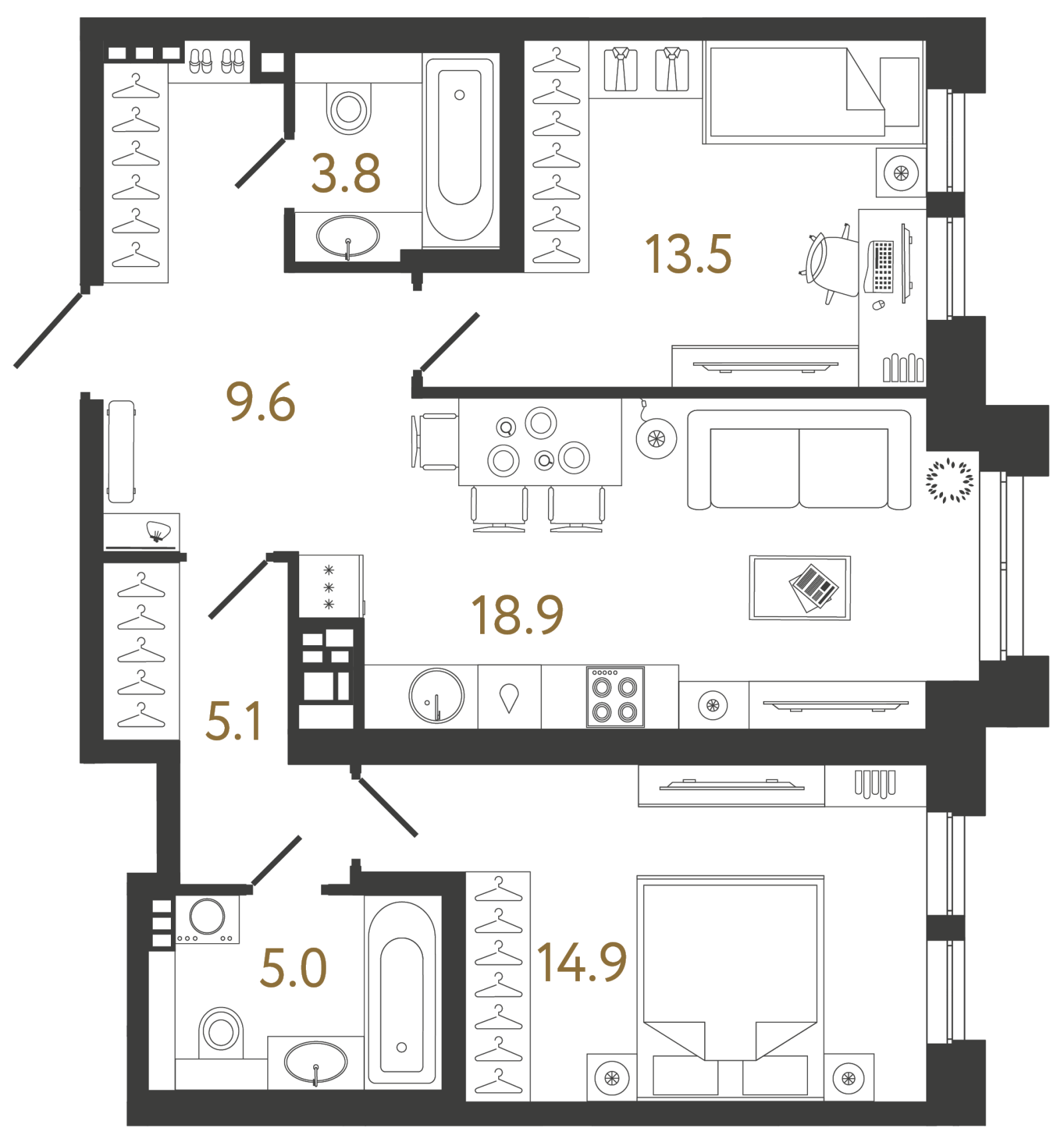 Планировка: 2-комнатная квартира, 70,8 м²