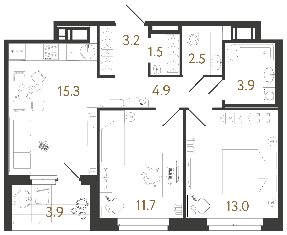 Планировка: 2-комнатная квартира, 56,0 м²