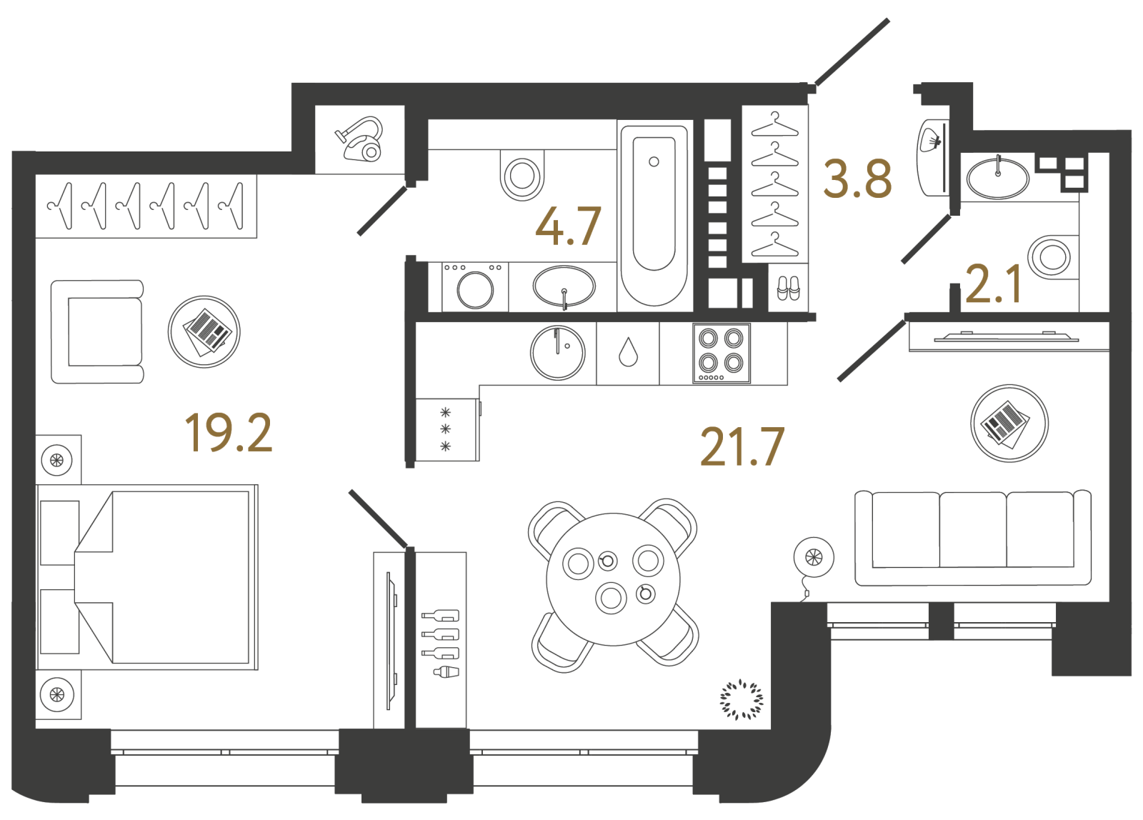 Планировка: 1-комнатная квартира, 51,5 м²