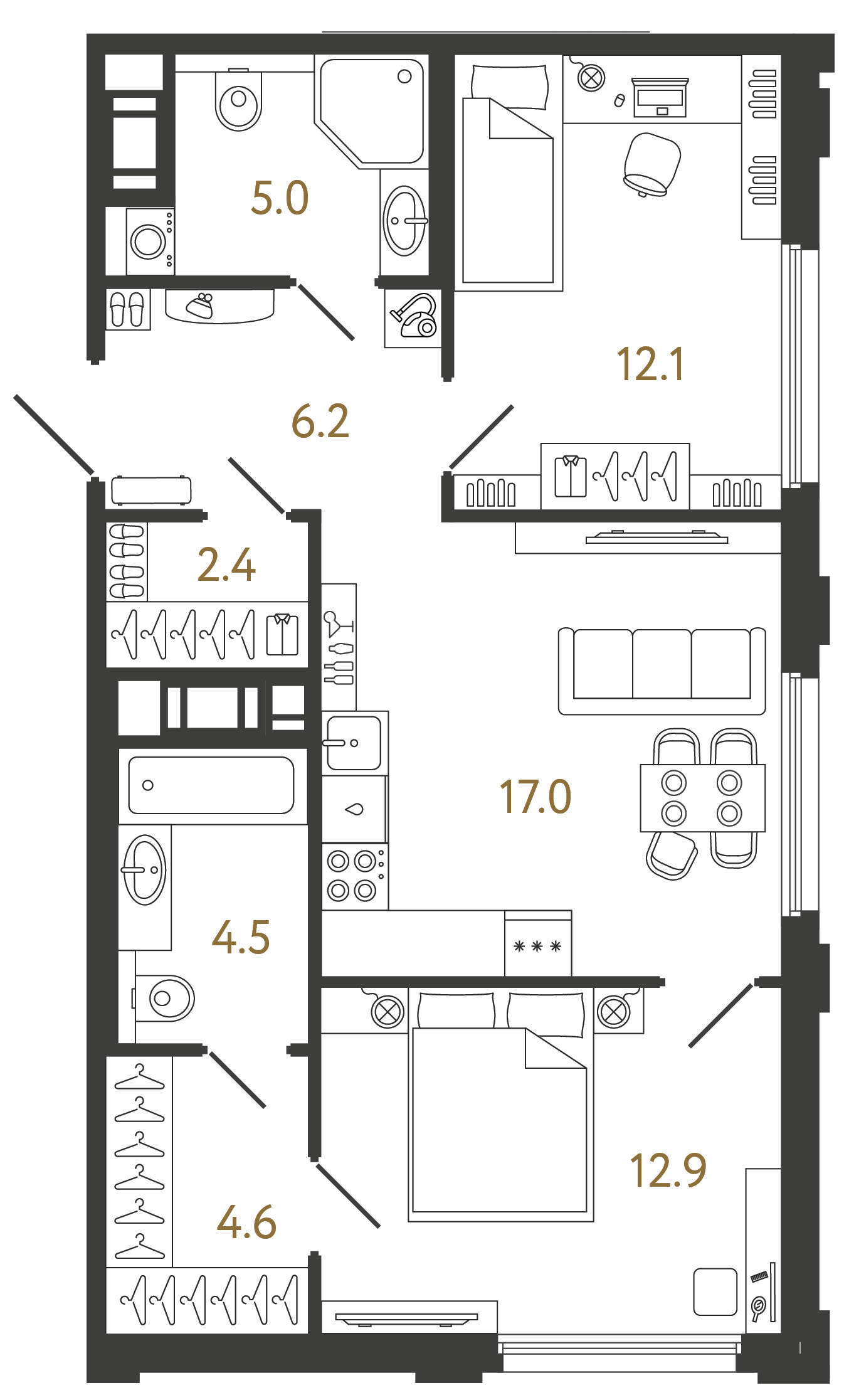 Планировка: 2-комнатная квартира, 64,7 м²